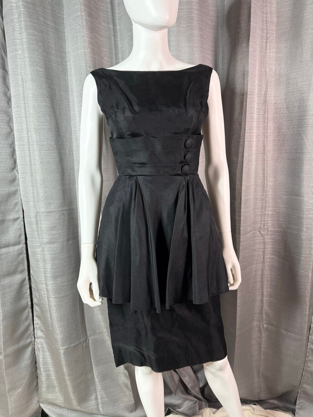 Vintage Lana Dore Black Silk Peplum Cocktail Dress Sz S